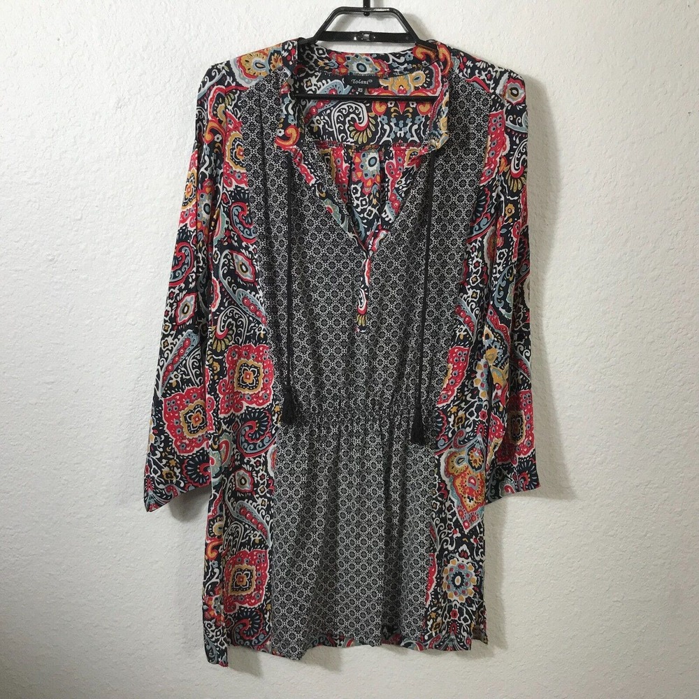 TOLANI Amanda Dress Size XS Floral Short Dress or Tunic Silk Long Sleeve Mini